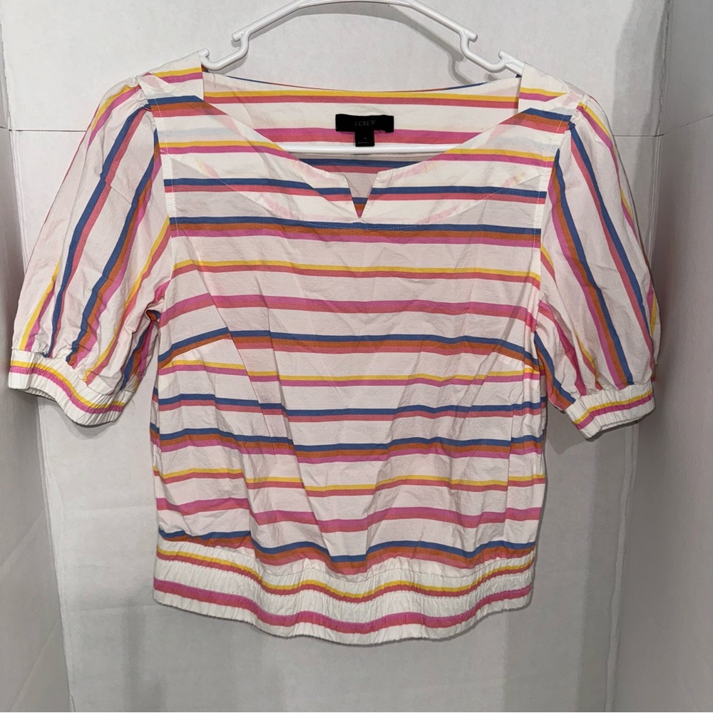 J. Crew Pink and Blue Puff Sleeve Crop Blouse